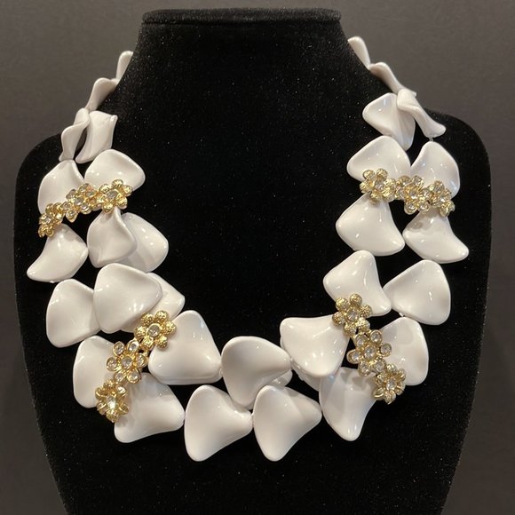 Unique White Necklace with Gold Flowers & Earring Set - Picture 1 of 6